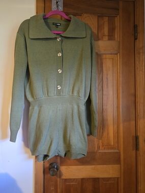 Fashion Nova Olive Green Knit Button-Up Romper